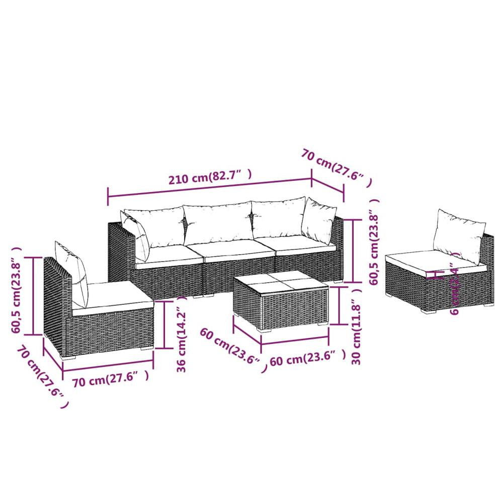 vidaXL 6 Piece Patio Lounge Set with Cushions Poly Rattan Black, 3102193. Picture 9