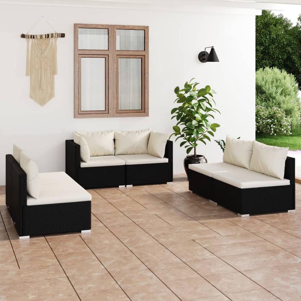 6 Piece Patio Lounge Set with Cushions Poly Rattan Black. Picture 9