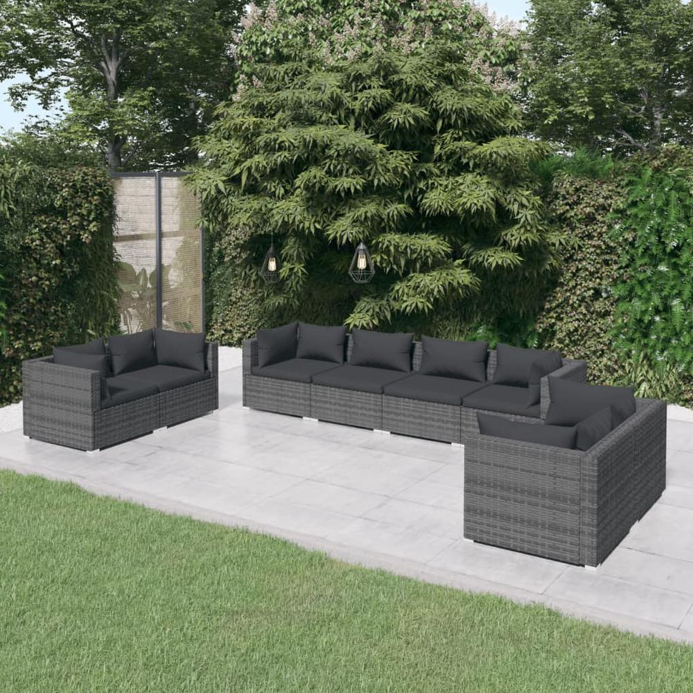 8 Piece Patio Lounge Set with Cushions Poly Rattan Gray. Picture 9