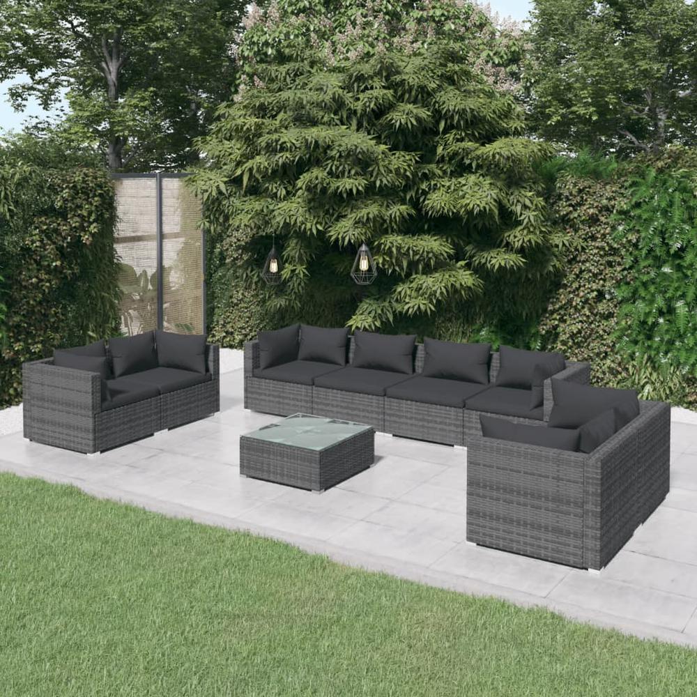 9 Piece Patio Lounge Set with Cushions Poly Rattan Gray. Picture 12