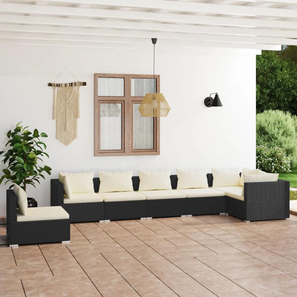 7 Piece Patio Lounge Set with Cushions Poly Rattan Black. Picture 9