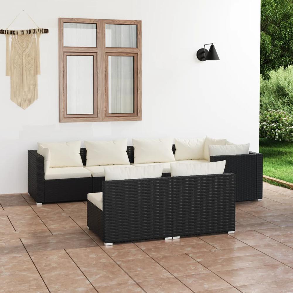 7 Piece Patio Lounge Set with Cushions Black Poly Rattan. Picture 7