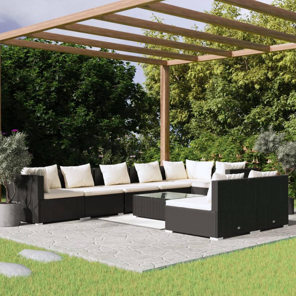 9 Piece Patio Lounge Set with Cushions Black Poly Rattan. Picture 9