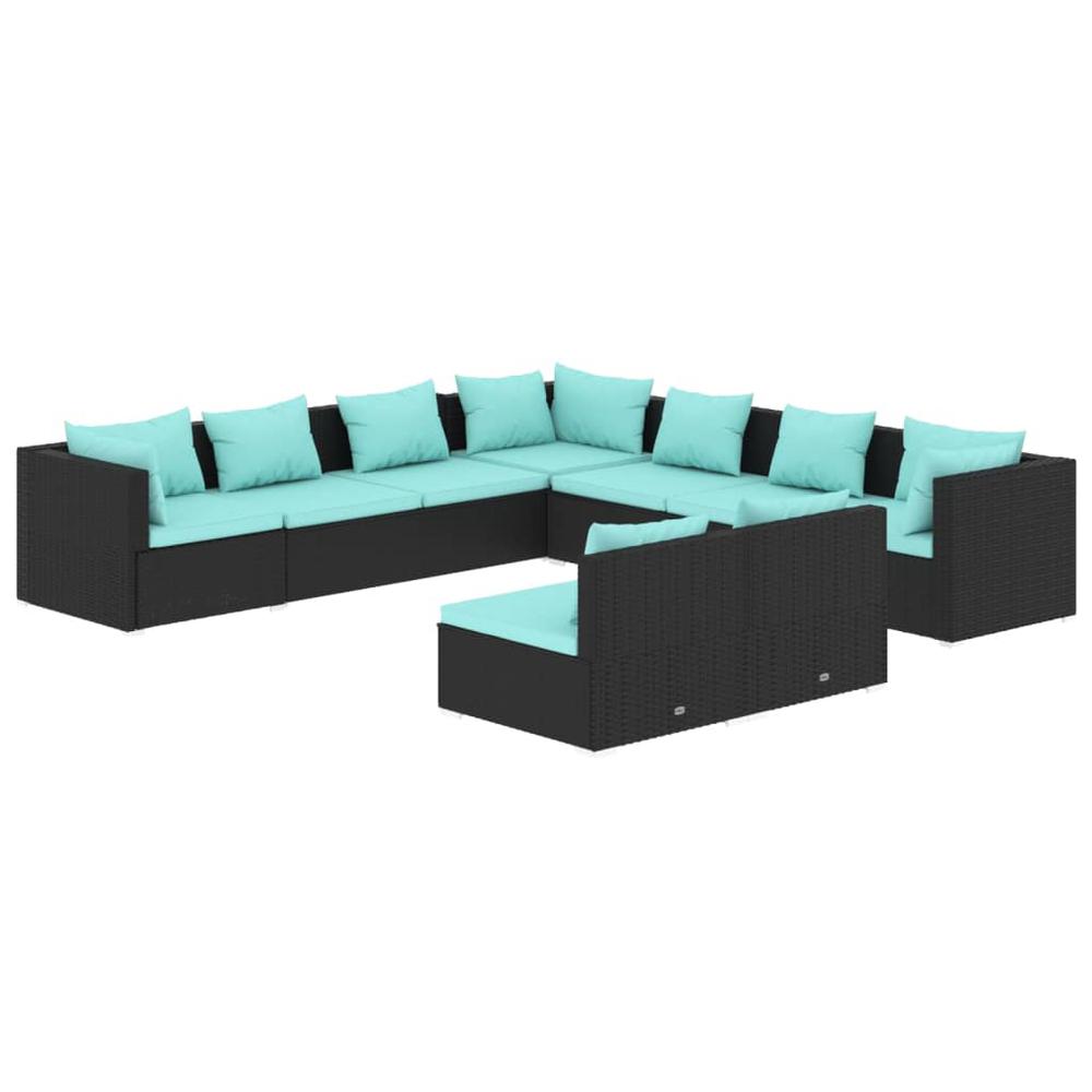 9 Piece Patio Lounge Set with Cushions Black Poly Rattan. Picture 1