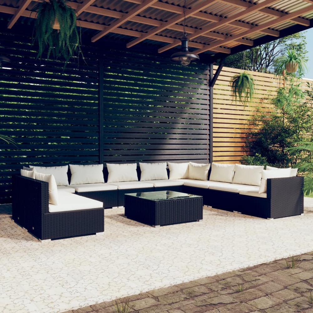11 Piece Patio Lounge Set with Cushions Black Poly Rattan. Picture 9