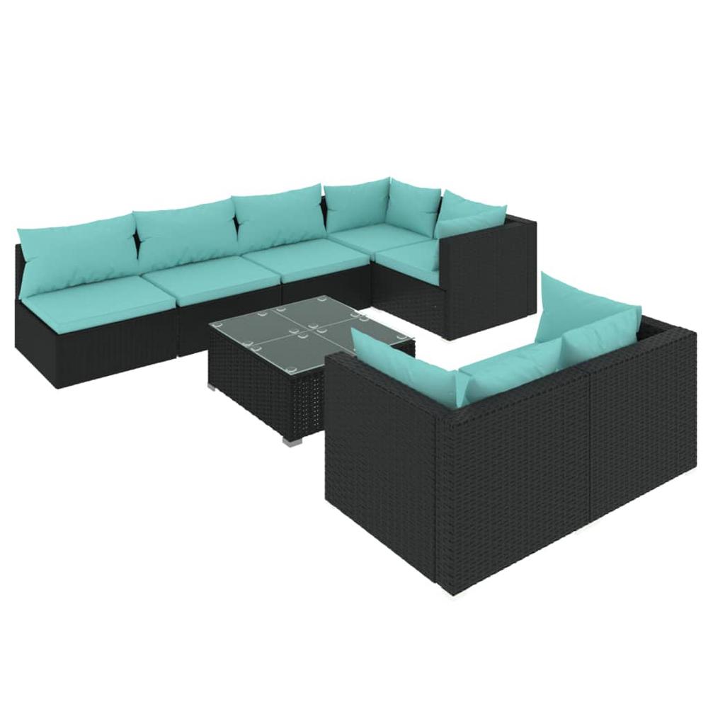 8 Piece Patio Lounge Set with Cushions Black Poly Rattan. Picture 1