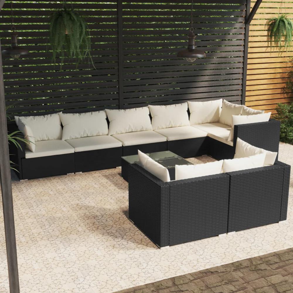 9 Piece Garden Lounge Set with Cushions Black Poly Rattan. Picture 9