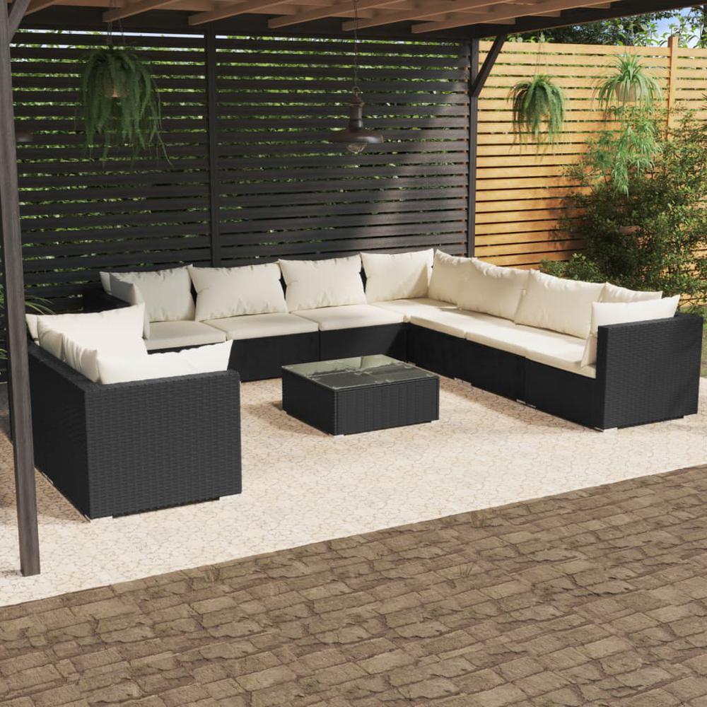 10 Piece Garden Lounge Set with Cushions Black Poly Rattan. Picture 9
