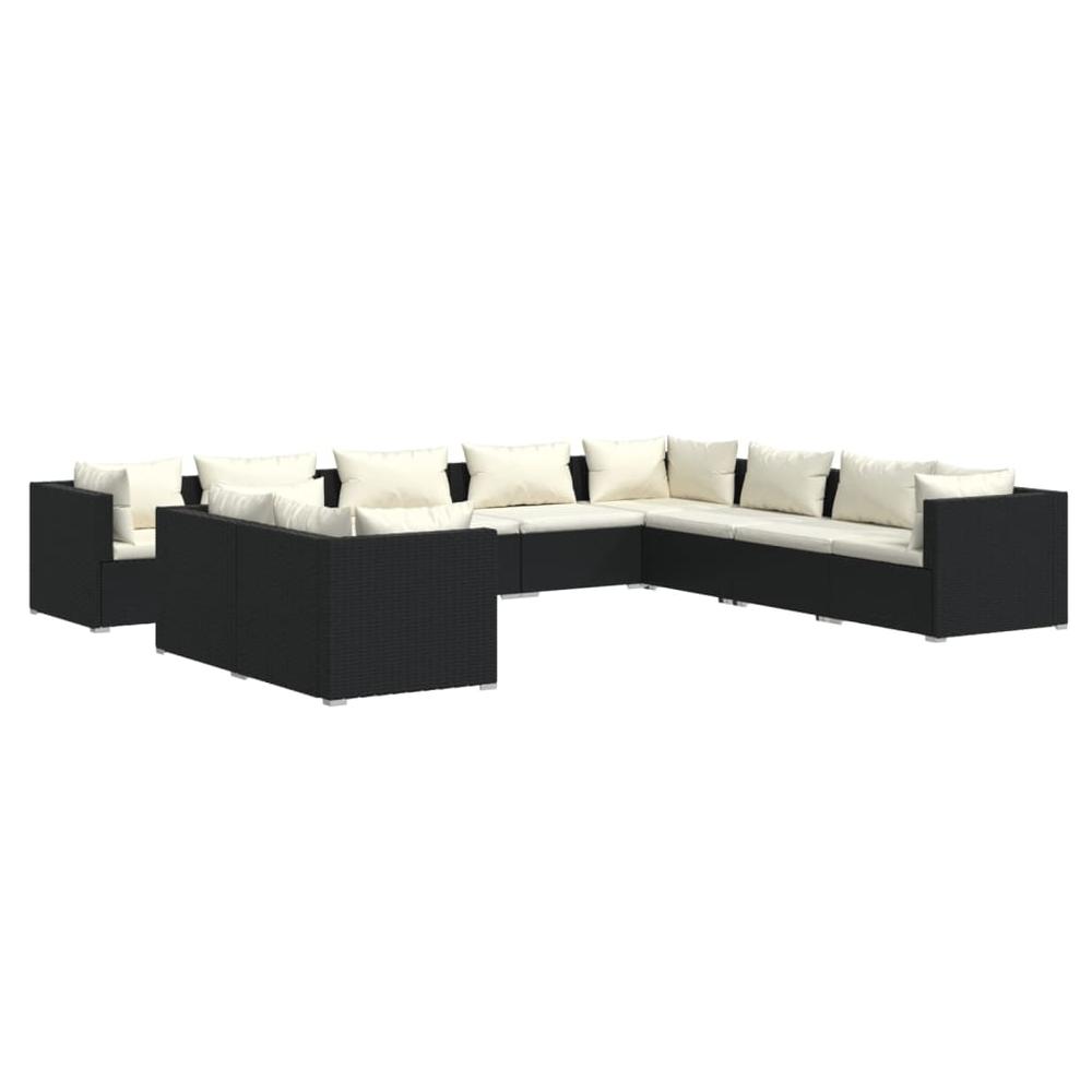 10 Piece Patio Lounge Set with Cushions Black Poly Rattan. Picture 1