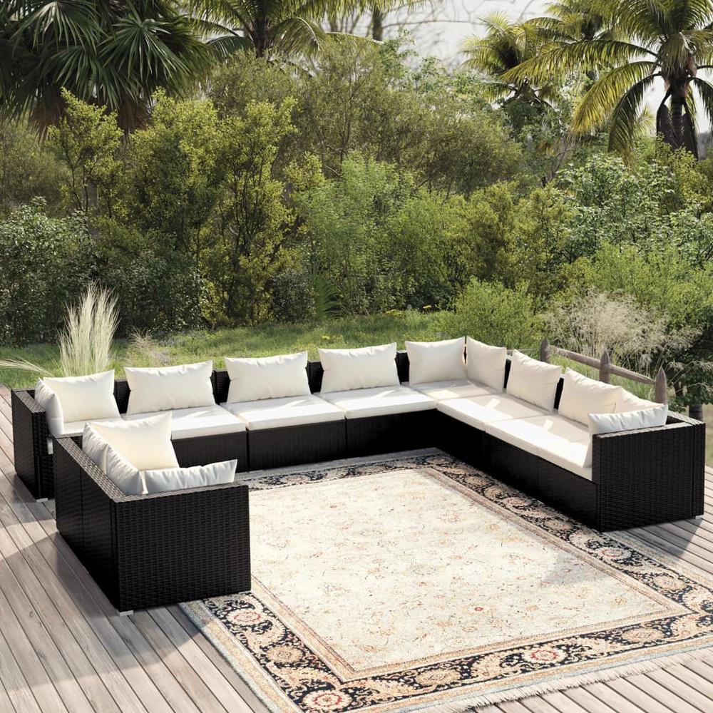 10 Piece Patio Lounge Set with Cushions Black Poly Rattan. Picture 7