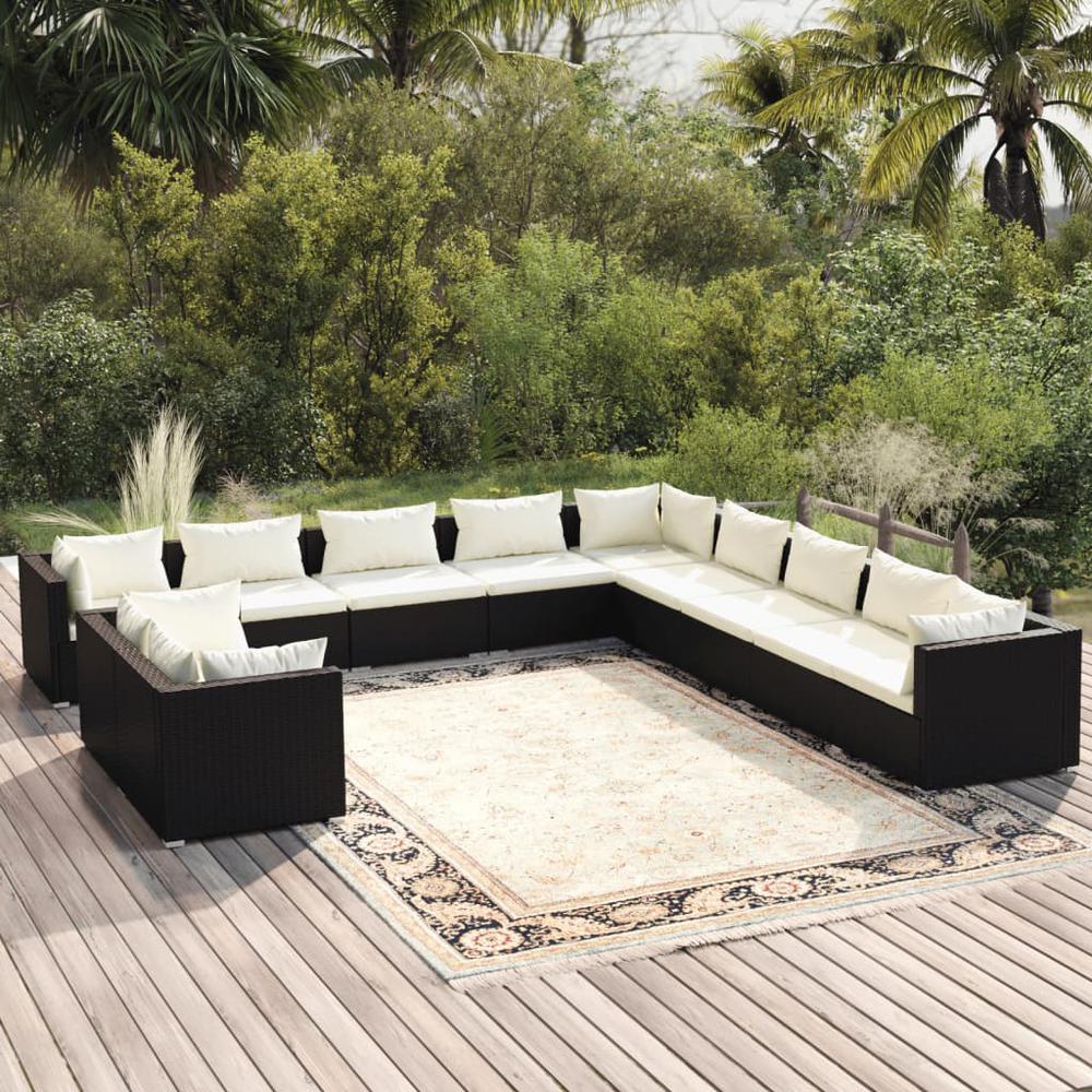 11 Piece Patio Lounge Set with Cushions Black Poly Rattan. Picture 7
