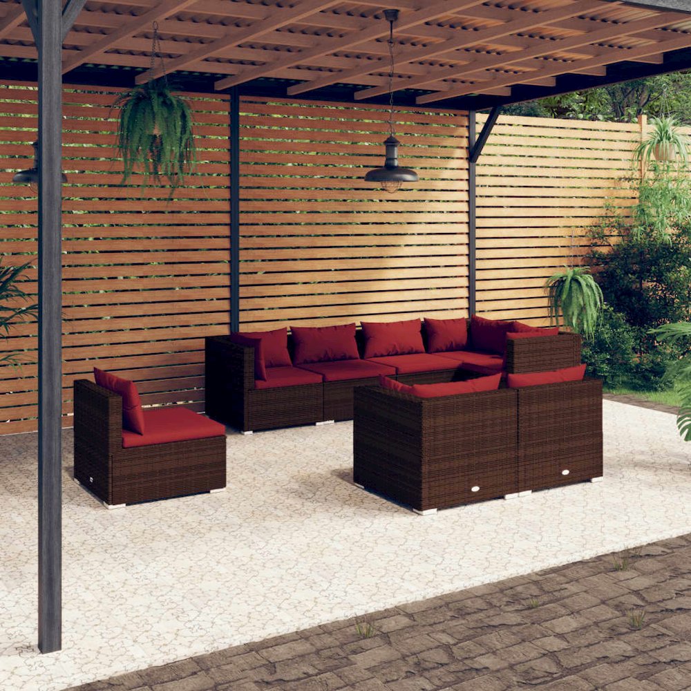 vidaXL 8 Piece Patio Lounge Set with Cushions Poly Rattan Brown, 3102611. Picture 1