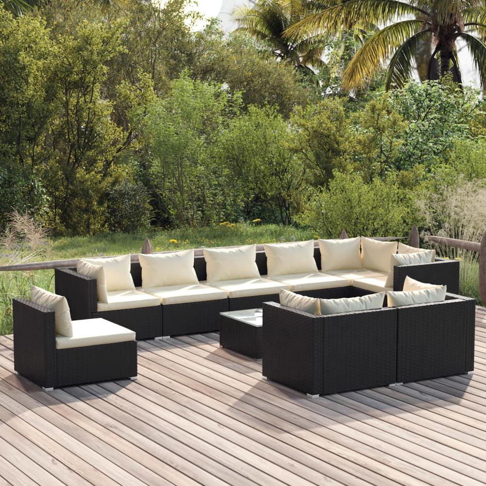 10 Piece Patio Lounge Set with Cushions Poly Rattan Black. Picture 9
