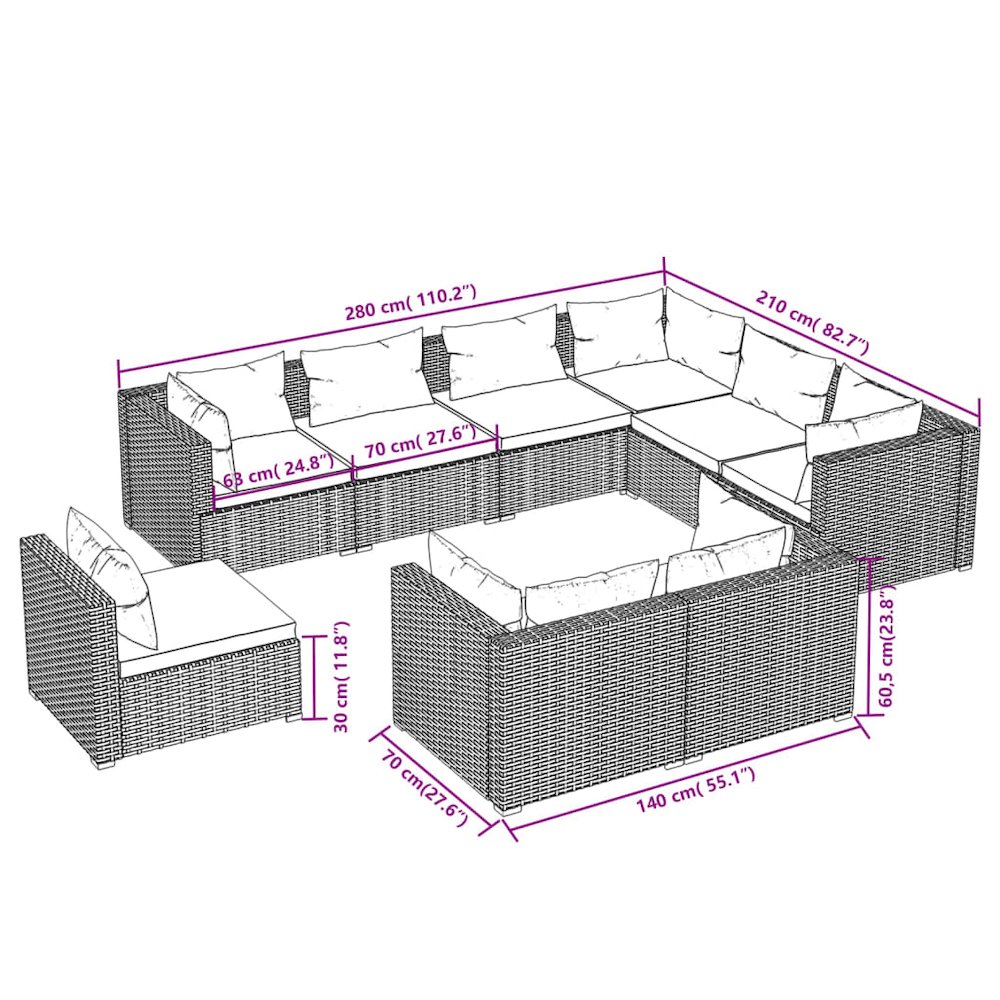 9 Piece Patio Lounge Set with Cushions Poly Rattan Black. Picture 5