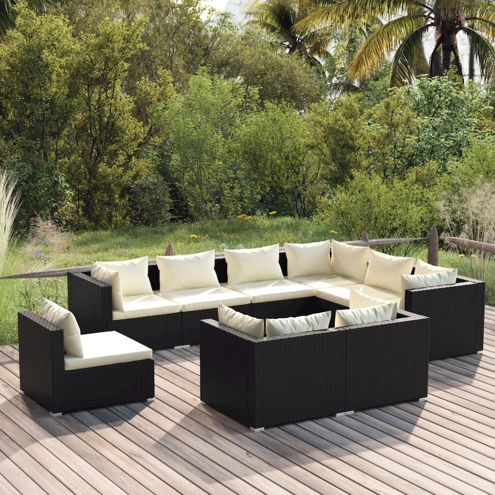 9 Piece Patio Lounge Set with Cushions Poly Rattan Black. Picture 1