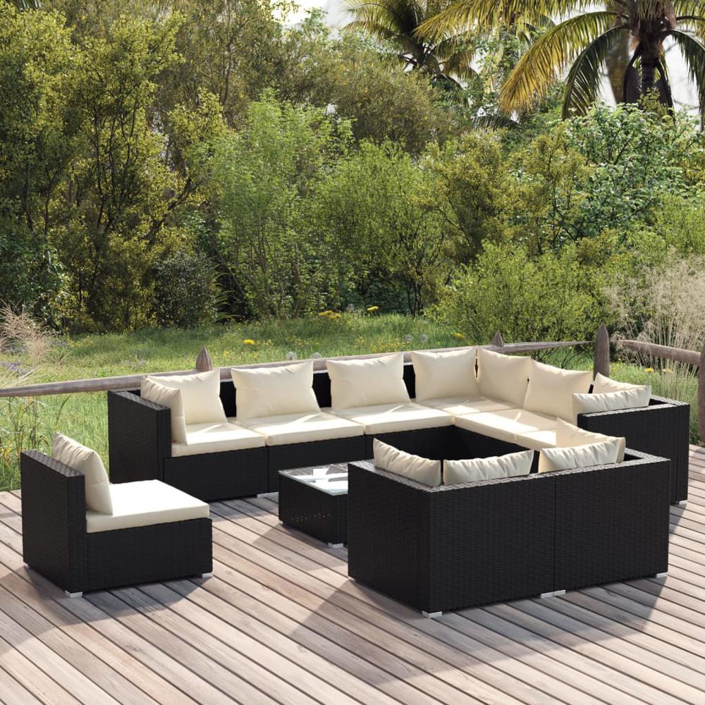 10 Piece Patio Lounge Set with Cushions Poly Rattan Black. Picture 9