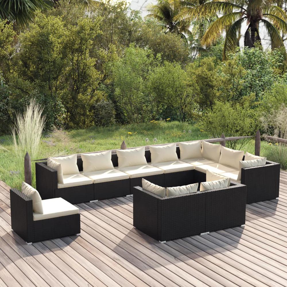 10 Piece Patio Lounge Set with Cushions Poly Rattan Black. Picture 7