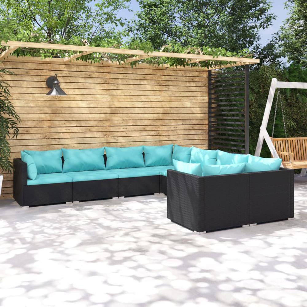 8 Piece Patio Lounge Set with Cushions Poly Rattan Black. Picture 9