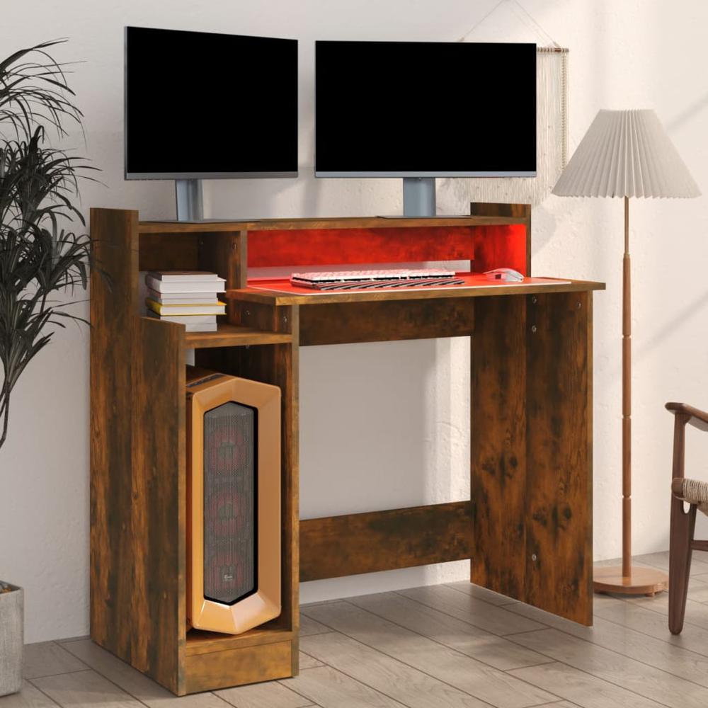 vidaXL Desk with LED Lights Smoked Oak 38.2"x17.7"x35.4" Engineered Wood. Picture 5