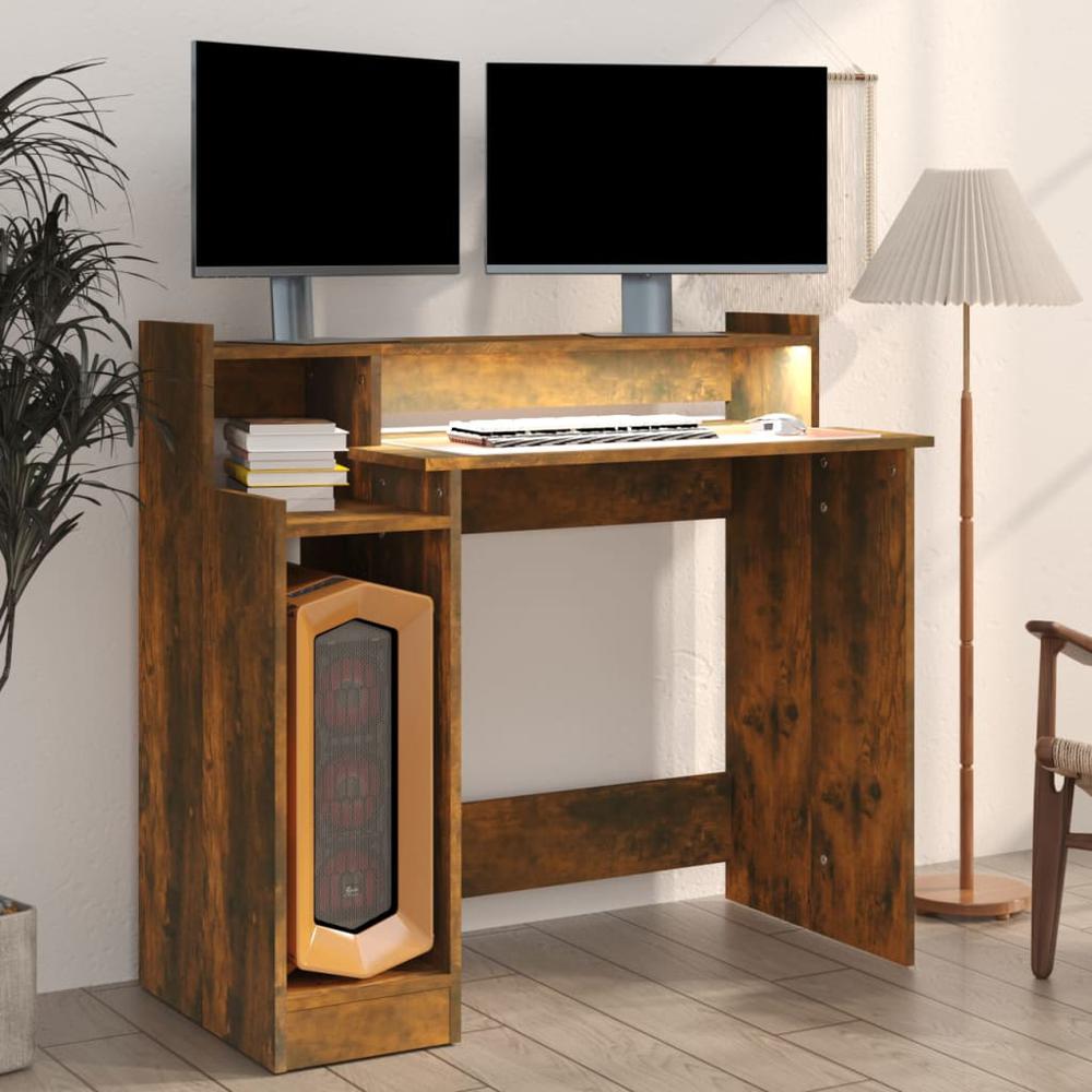 vidaXL Desk with LED Lights Smoked Oak 38.2"x17.7"x35.4" Engineered Wood. Picture 6