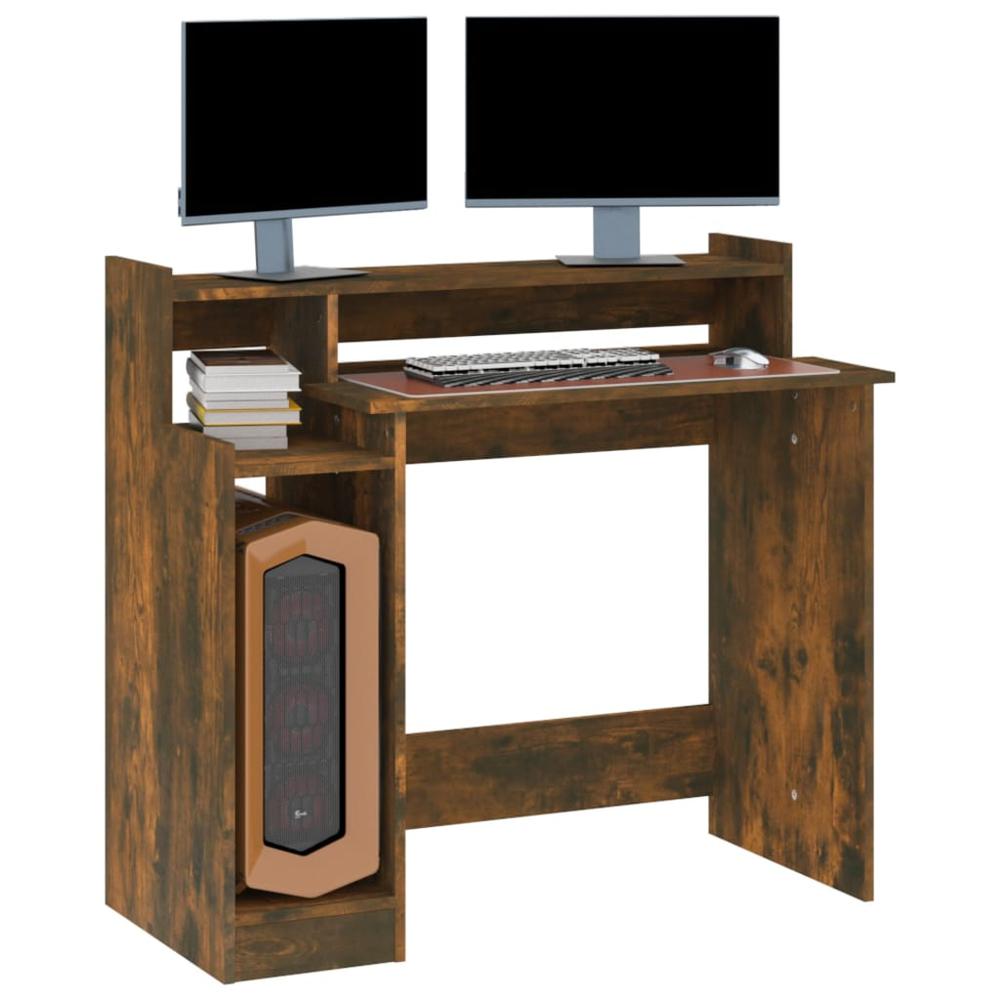 vidaXL Desk with LED Lights Smoked Oak 38.2"x17.7"x35.4" Engineered Wood. Picture 7