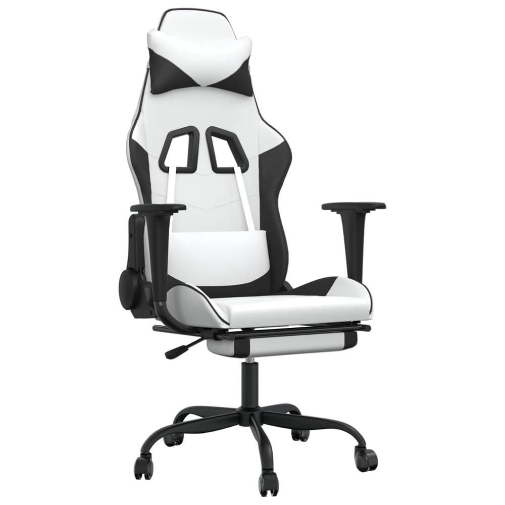 Massage Gaming Chair with Footrest White&Black Faux Leather. Picture 1