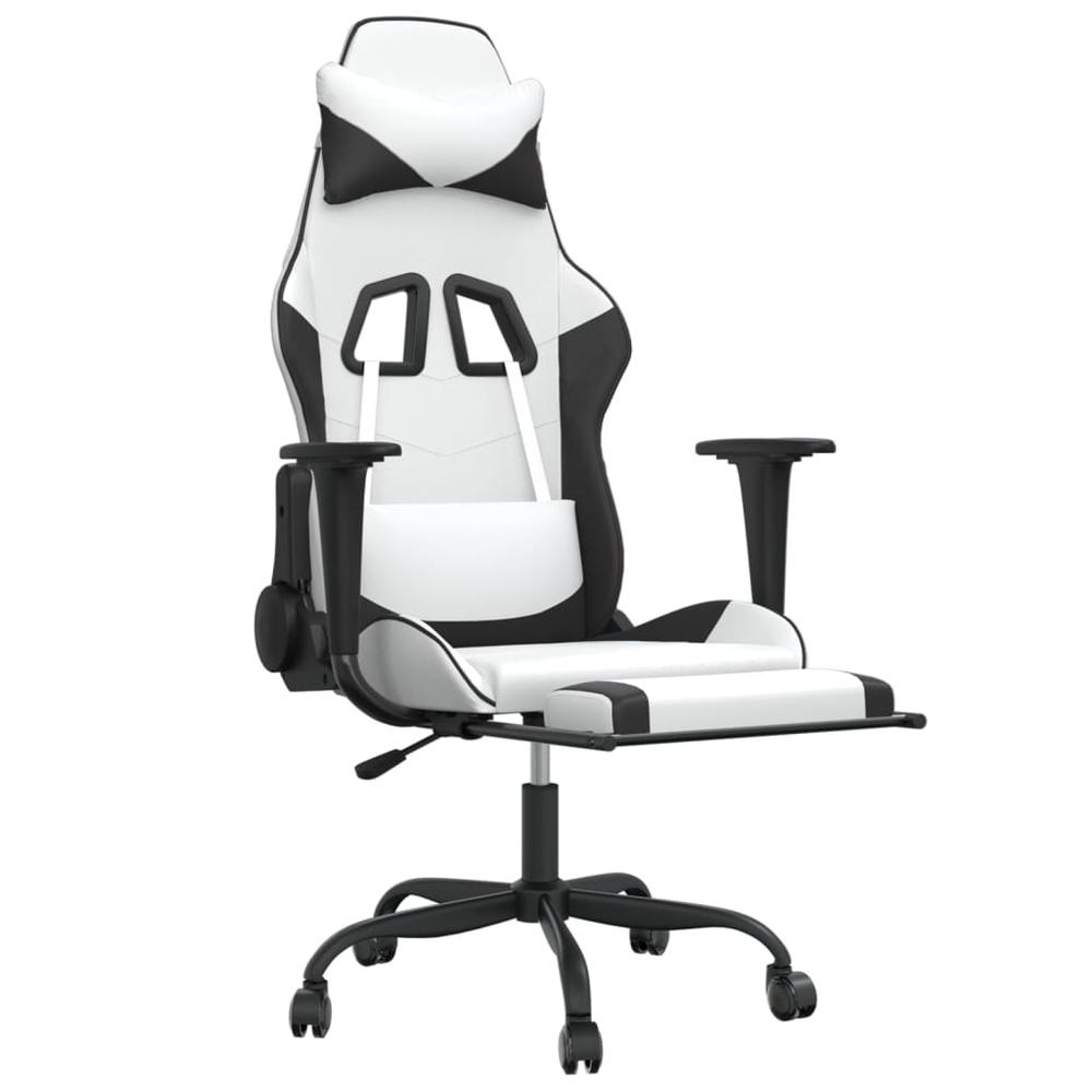 Massage Gaming Chair with Footrest White&Black Faux Leather. Picture 2