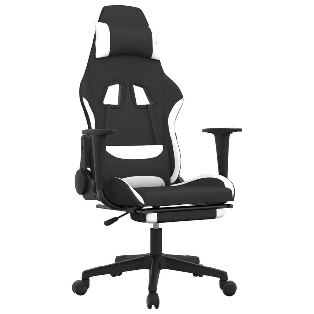 Massage Gaming Chair with Footrest Black and White Fabric. Picture 1