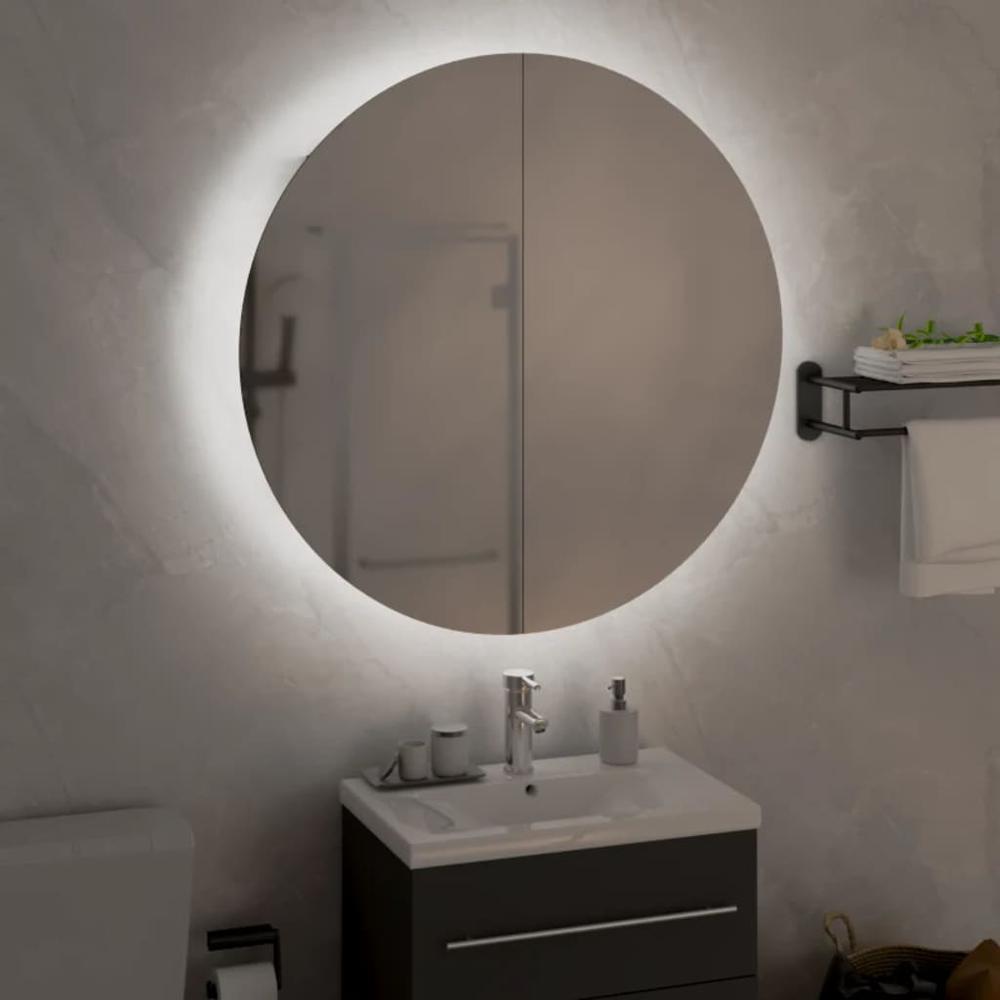 Bathroom Cabinet with Round Mirror&LED White 21.3"x21.3"x6.9". Picture 2