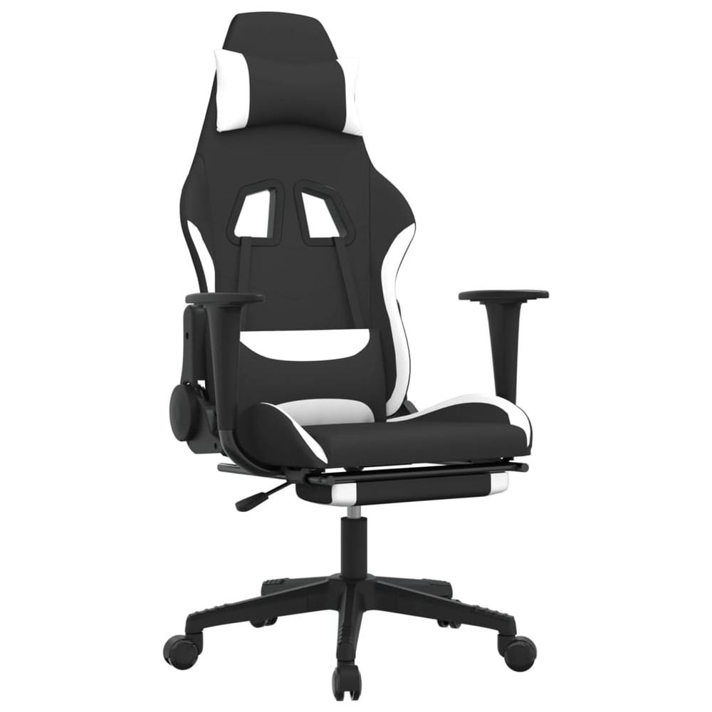 Gaming Chair with Footrest Black and White Fabric. Picture 1