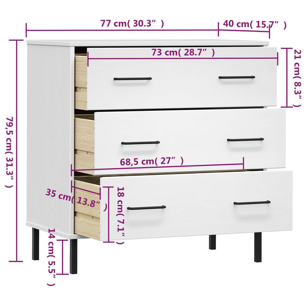 Sideboard with 3 Drawers White 30.3"x15.7"x31.3" Solid Wood OSLO. Picture 7