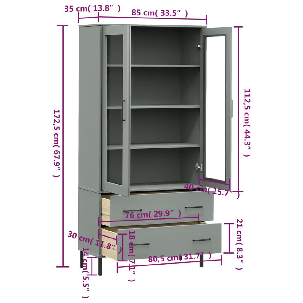 Bookcase with Metal Legs Gray 33.5"x13.8"x67.9" Solid Wood OSLO. Picture 7