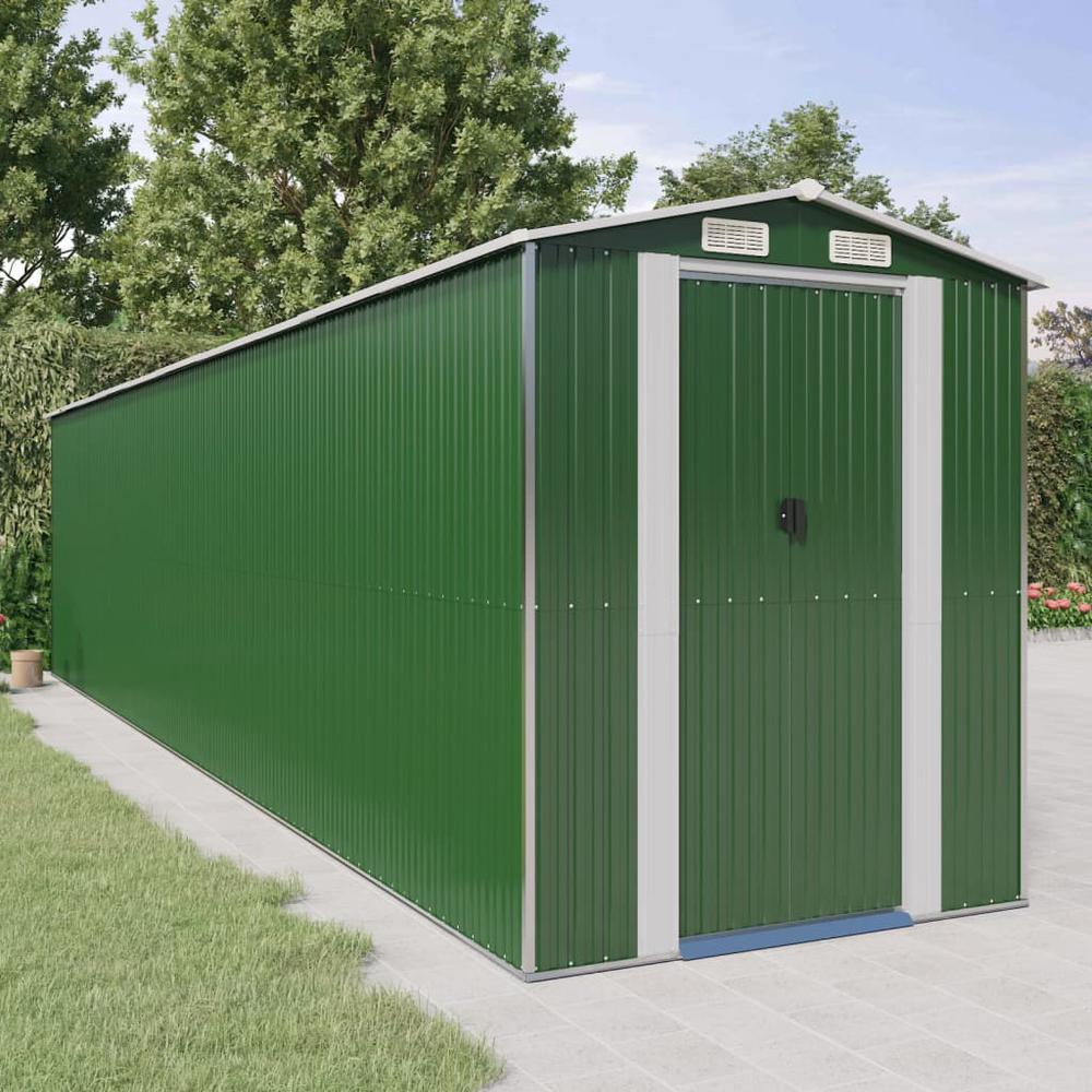 Garden Shed Green 75.6"x336.6"x87.8" Galvanized Steel. Picture 8