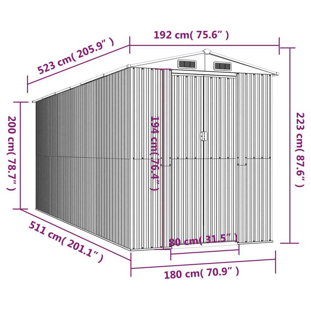 Garden Shed Anthracite 75.6"x205.9"x87.8" Galvanized Steel. Picture 7
