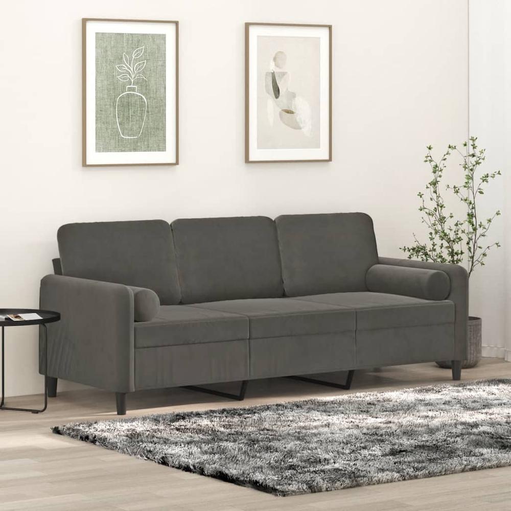 3-Seater Sofa with Pillows&Cushions Dark Gray 70.9" Velvet. Picture 7