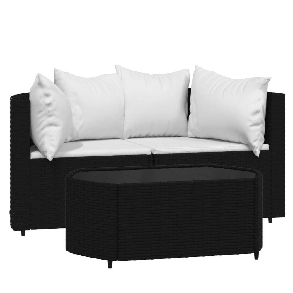 3 Piece Patio Lounge Set with Cushions Black Poly Rattan. Picture 1