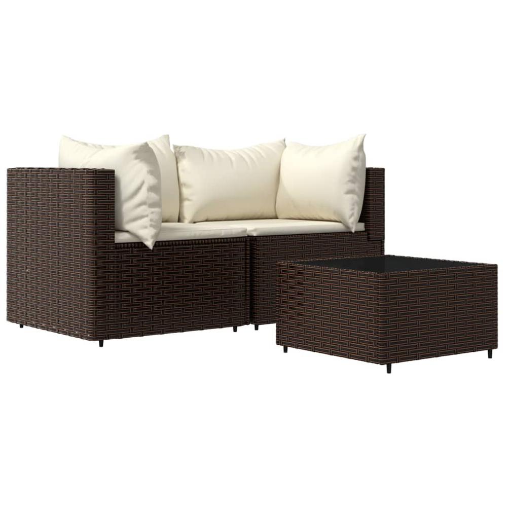 3 Piece Patio Lounge Set with Cushions Brown Poly Rattan. Picture 1