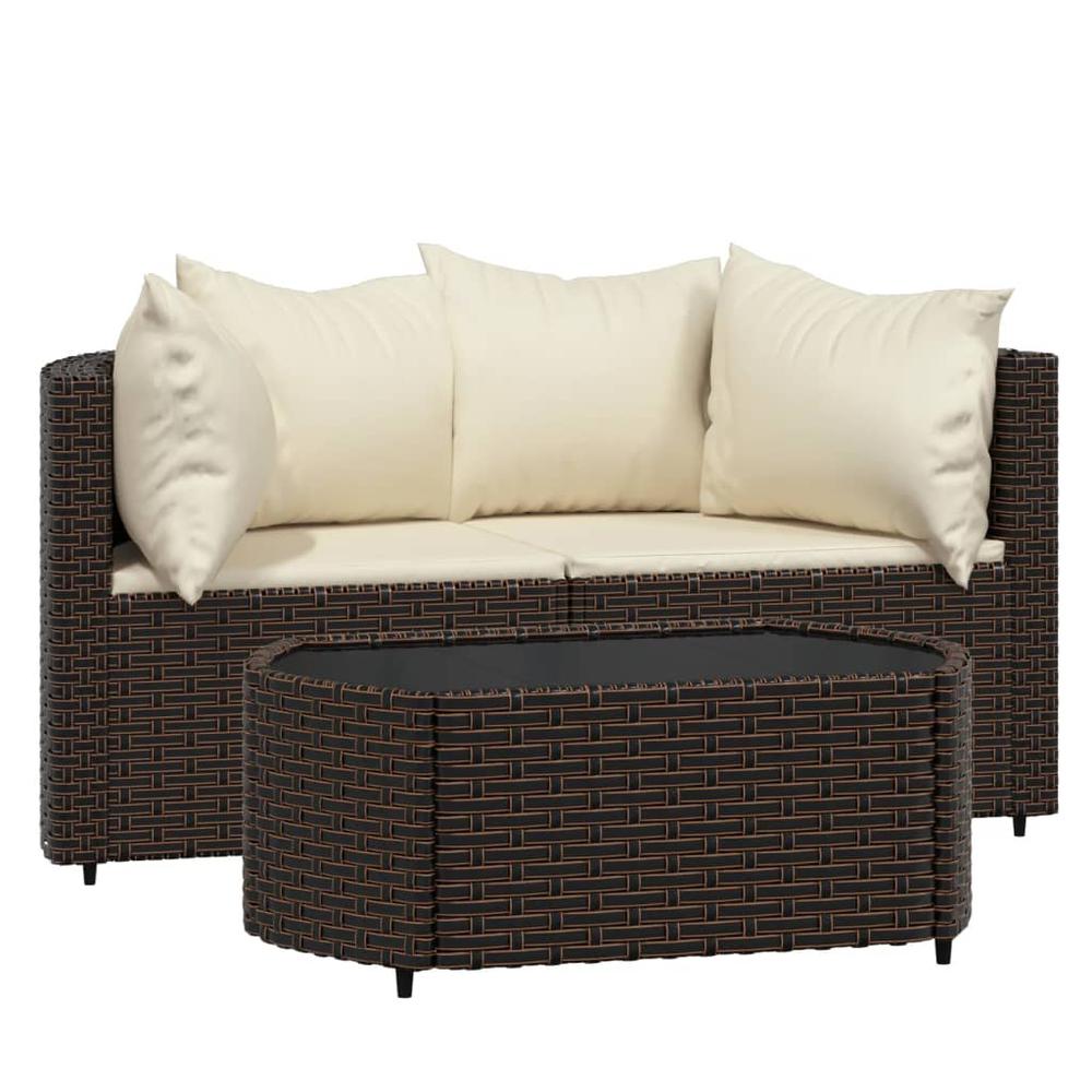3 Piece Patio Lounge Set with Cushions Brown Poly Rattan. Picture 1