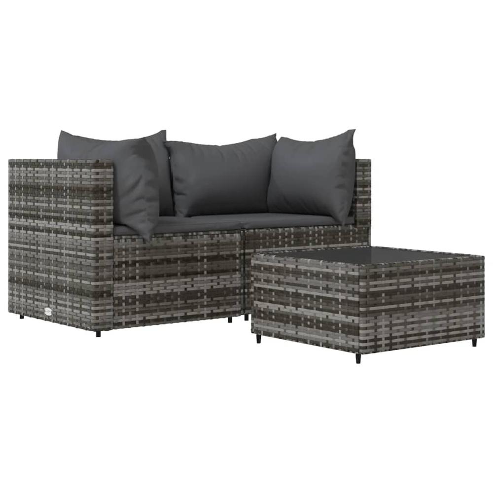 3 Piece Patio Lounge Set with Cushions Gray Poly Rattan. Picture 1