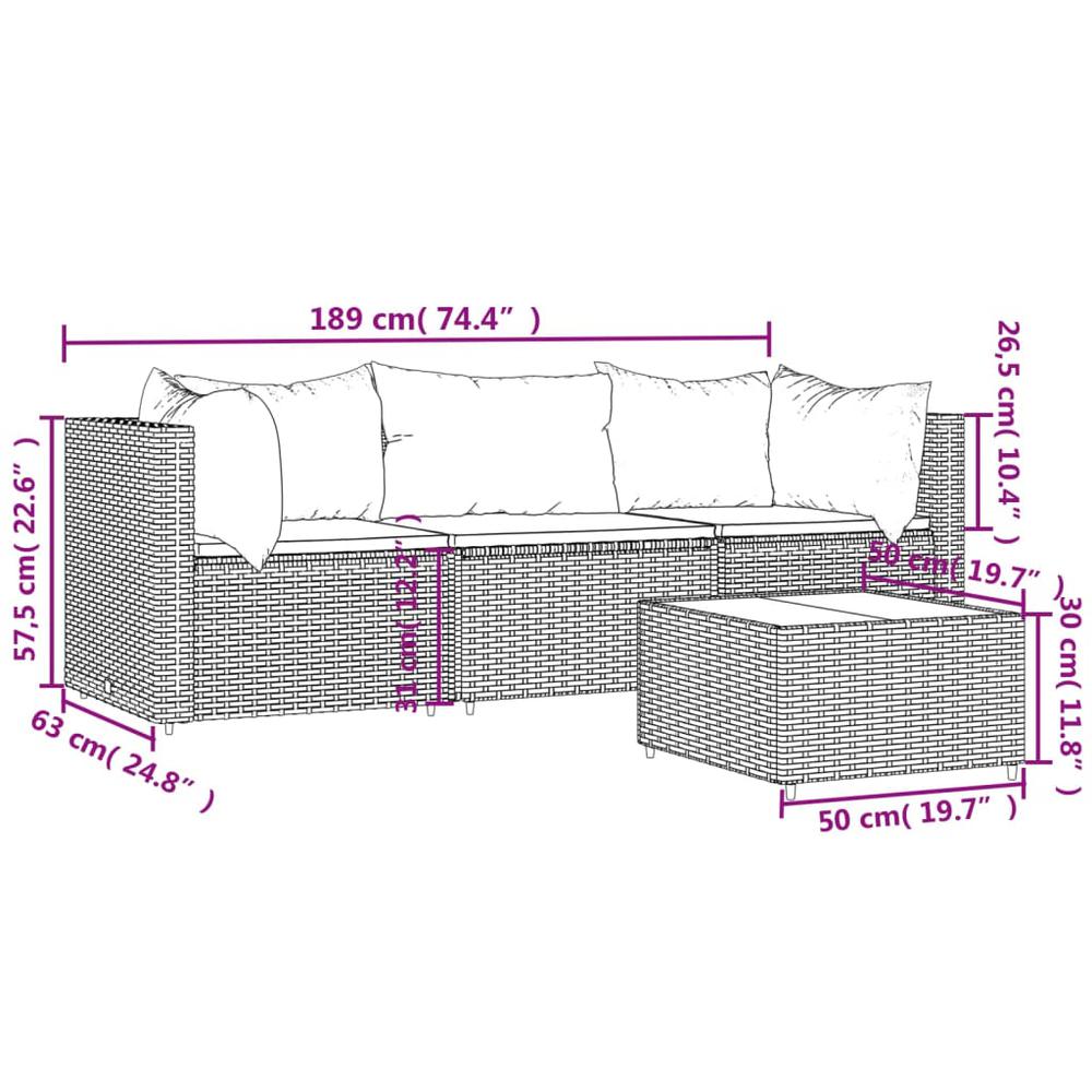 4 Piece Patio Lounge Set with Cushions Gray Poly Rattan. Picture 10