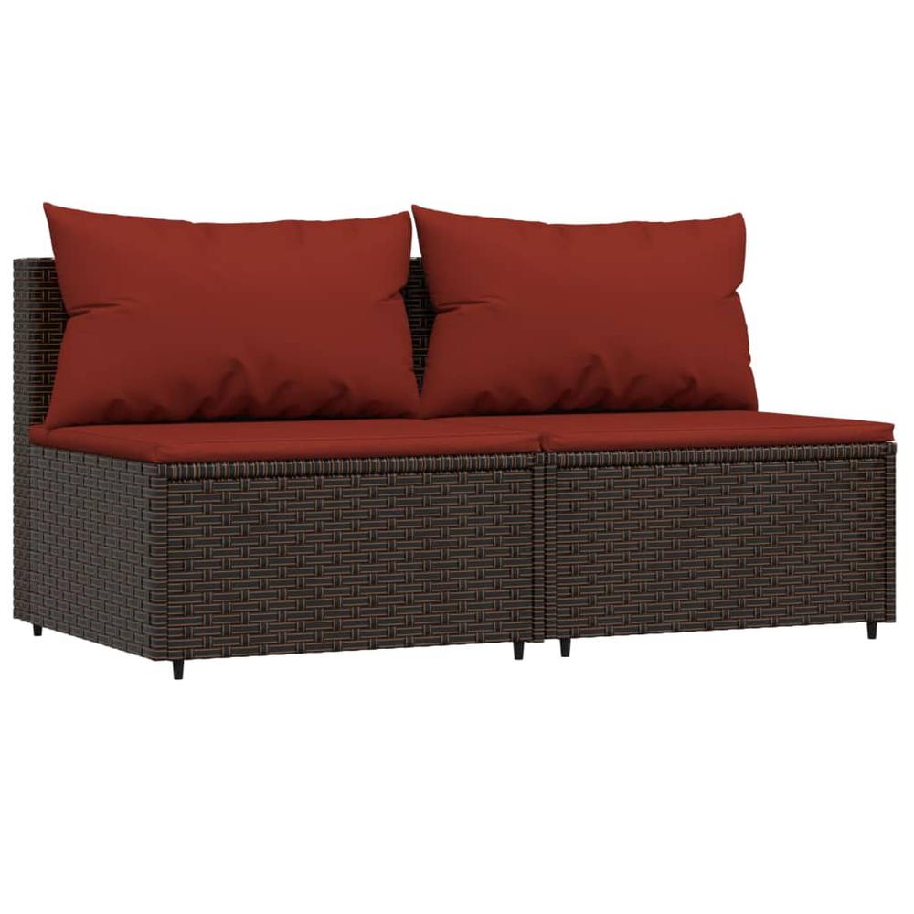 Patio Middle Sofas with Cushions 2 pcs Brown Poly Rattan. Picture 1