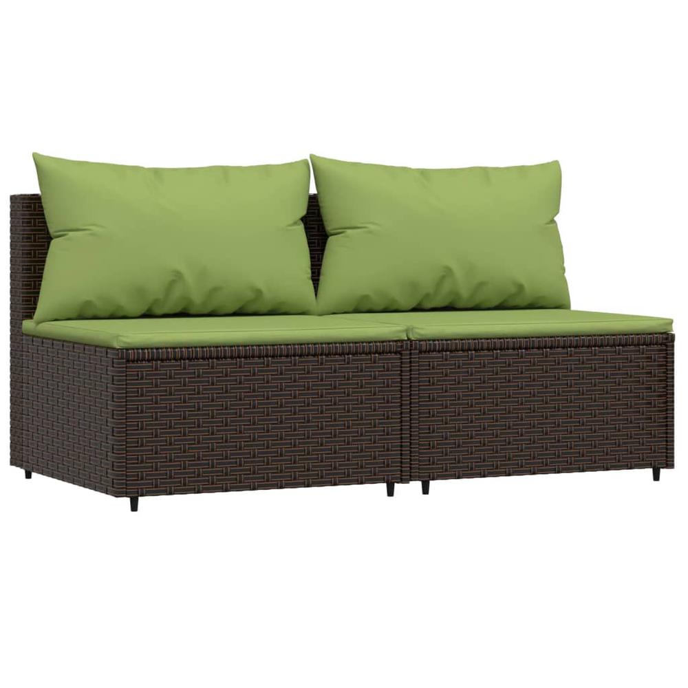 Patio Middle Sofas with Cushions 2 pcs Brown Poly Rattan. Picture 1