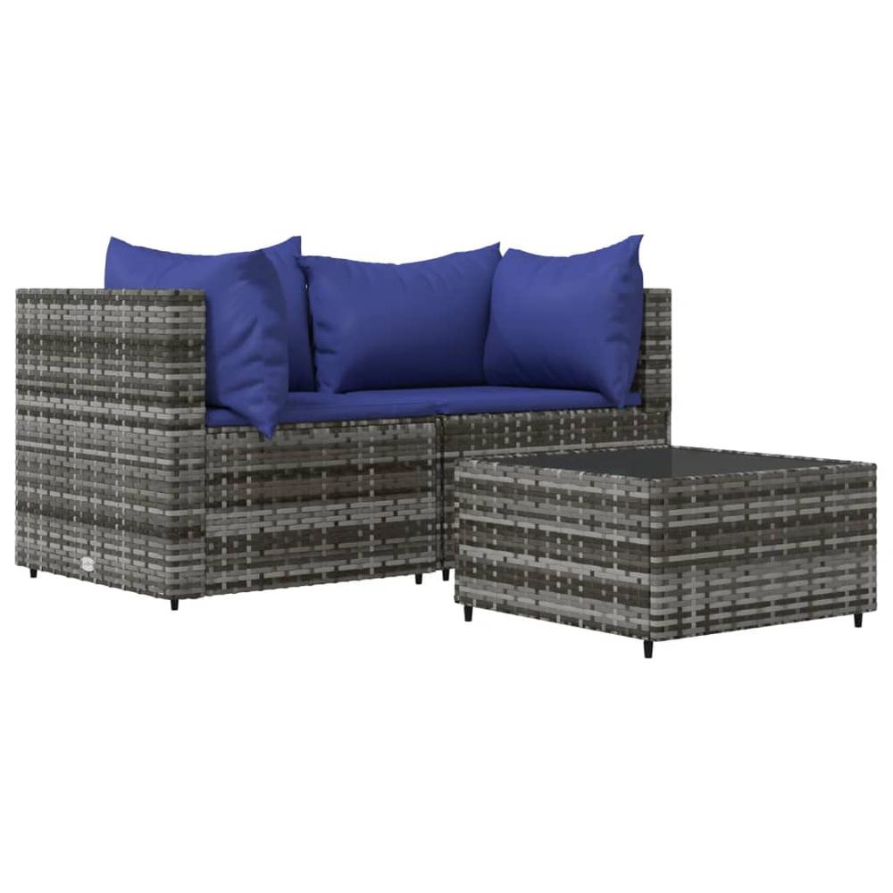 3 Piece Patio Lounge Set with Cushions Gray Poly Rattan. Picture 1
