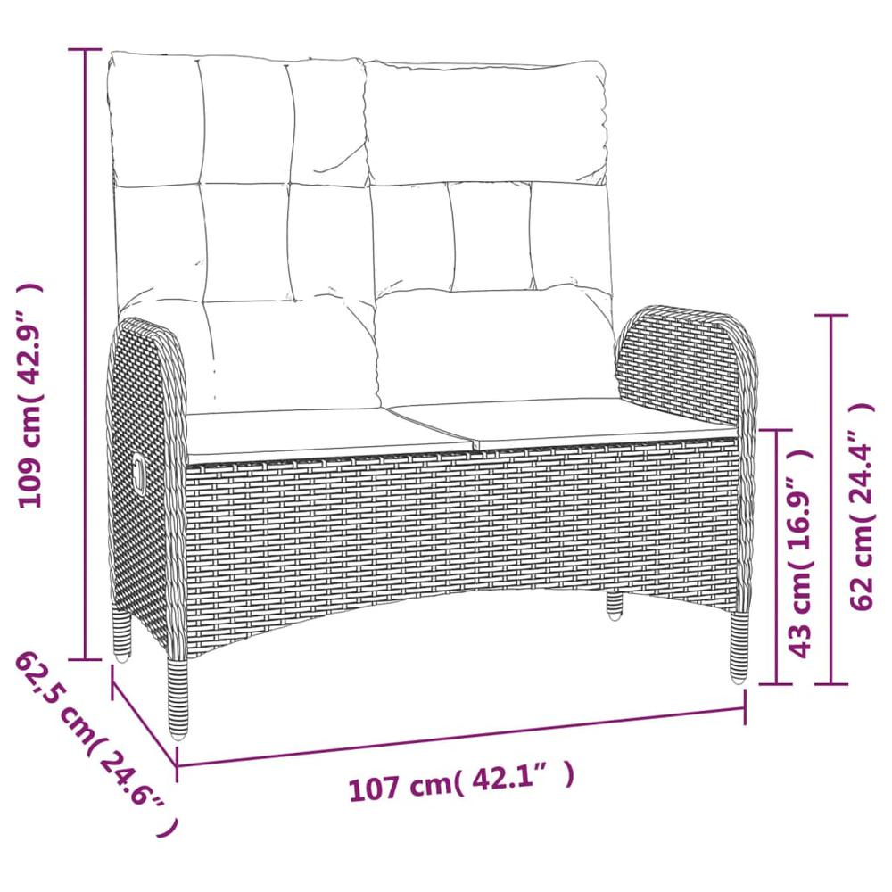 Reclining Patio Bench with Cushions 42.1" Poly Rattan Gray. Picture 6