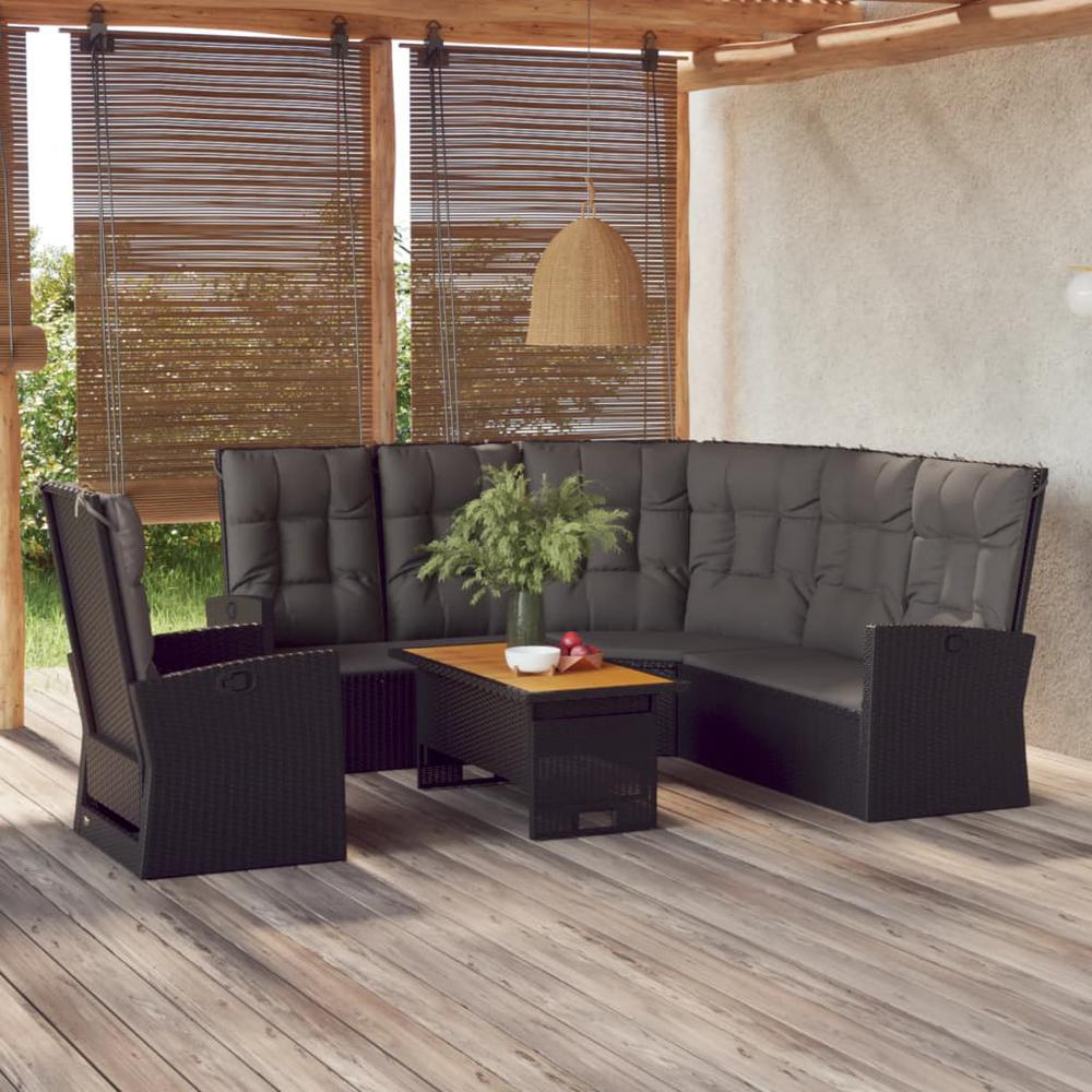 3 Piece Patio Lounge Set with Cushions Black Poly Rattan. Picture 12