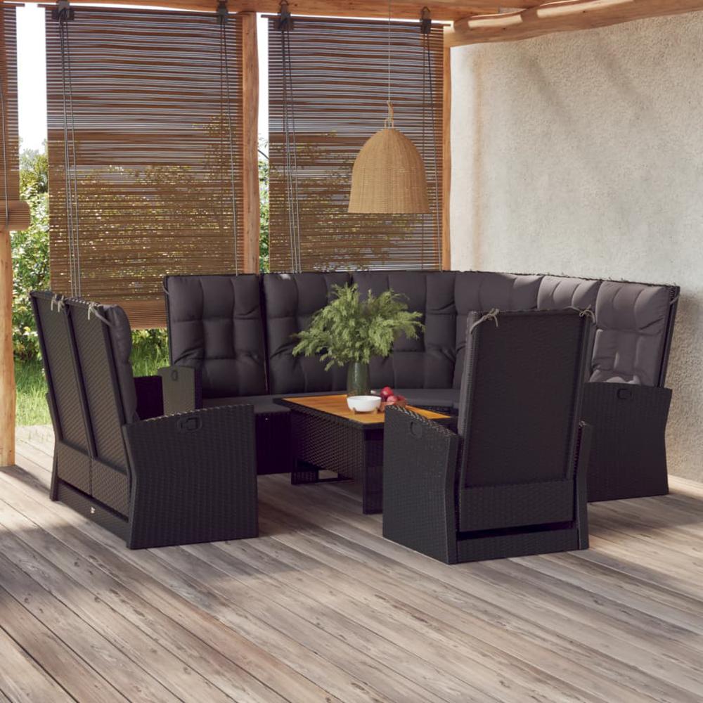 4 Piece Patio Lounge Set with Cushions Black Poly Rattan. Picture 12