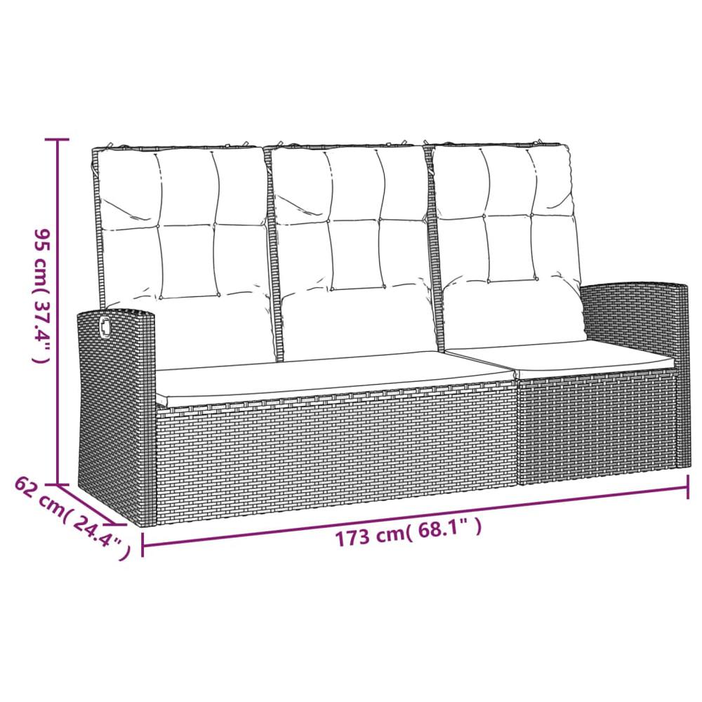 Reclining Patio Bench with Cushions Black 68.1" Poly rattan. Picture 7