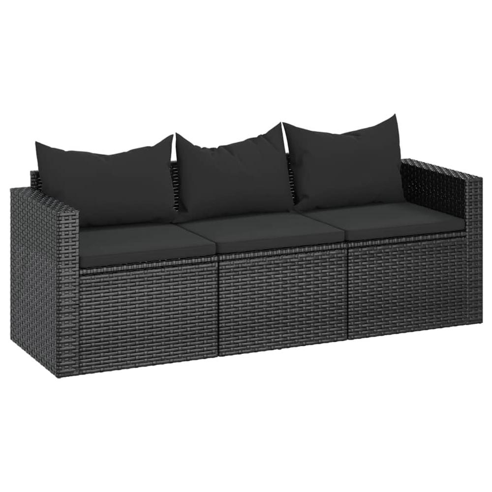 3-Seater Patio Sofa with Cushions Black Poly Rattan. Picture 1