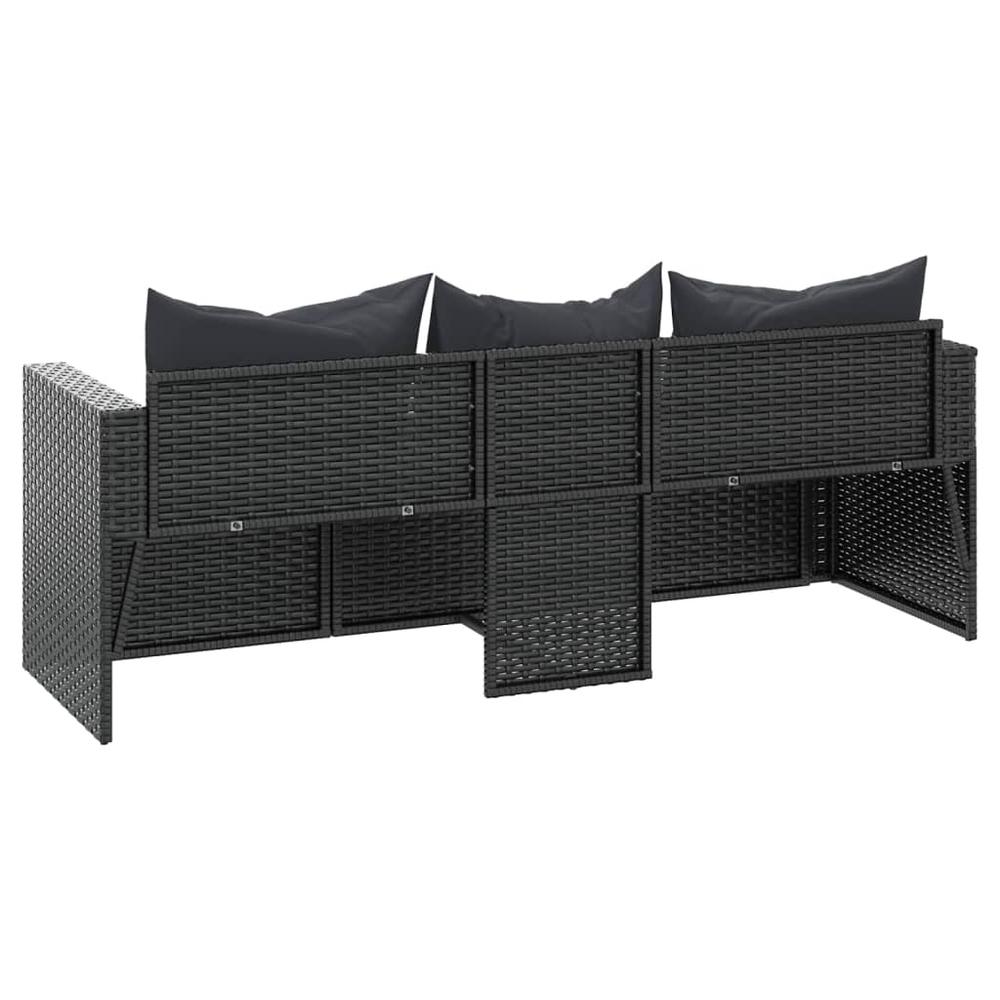 3-Seater Patio Sofa with Cushions Black Poly Rattan. Picture 4