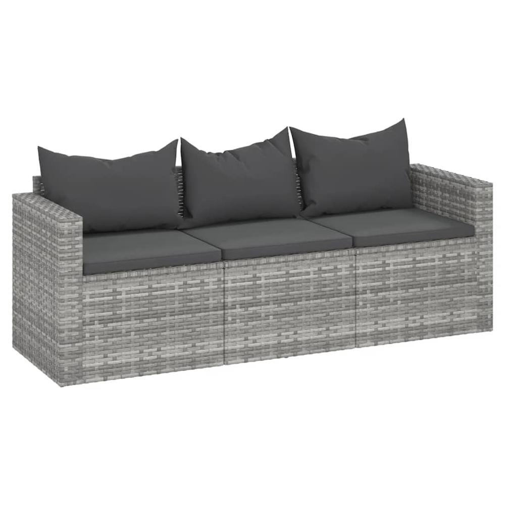3-Seater Patio Sofa with Cushions Gray Poly Rattan. Picture 1